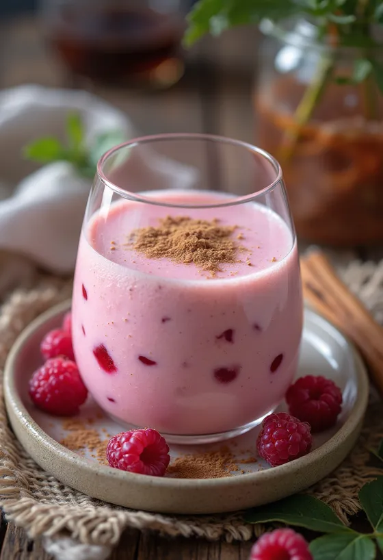 Kéfir Probiótico de Frambuesa y Canela en vaso, decorado con frambuesas frescas