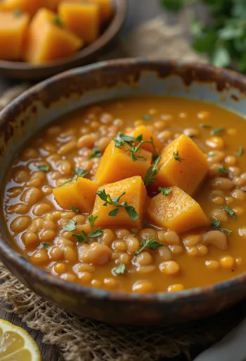Sopa de lentejas con calabaza servida