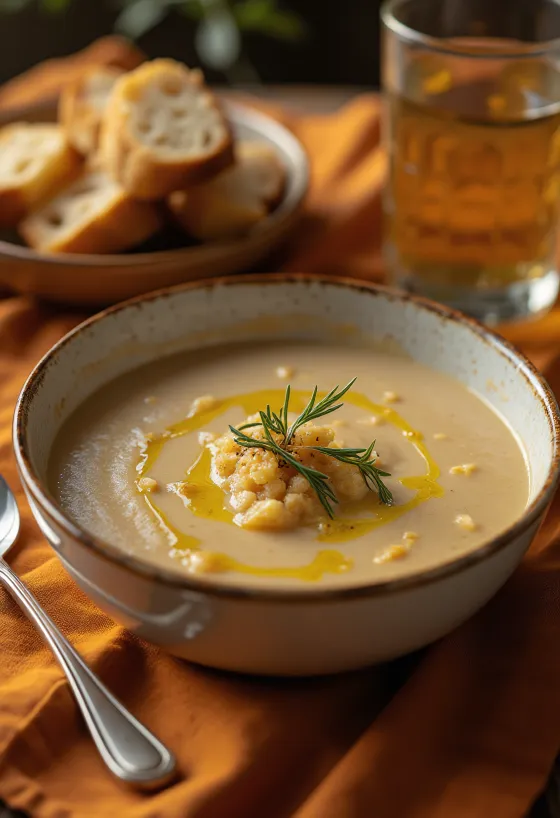 Sopa de pan portuguesa Açorda servida en plato hondo con huevo y cilantro