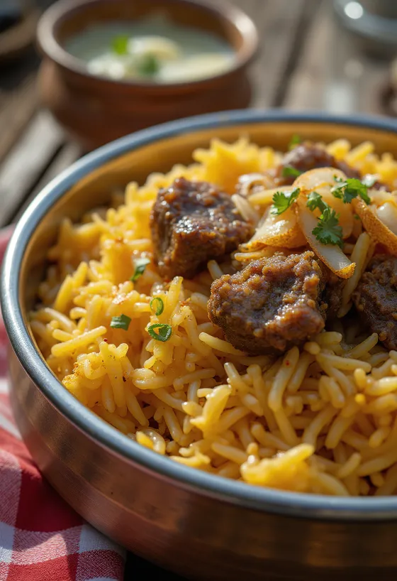 Biryani de chivo, plato de arroz especiado estilo indio