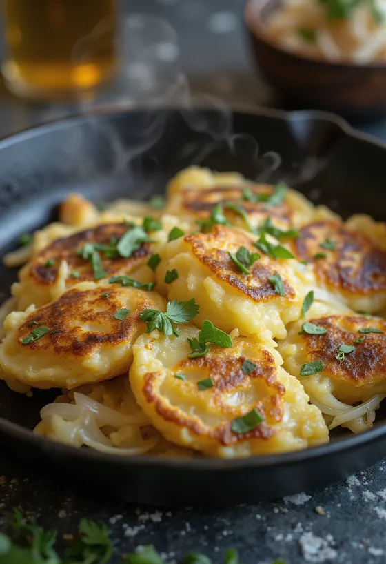 Bubble and squeak servido con chucrut, con una capa dorada y crujiente