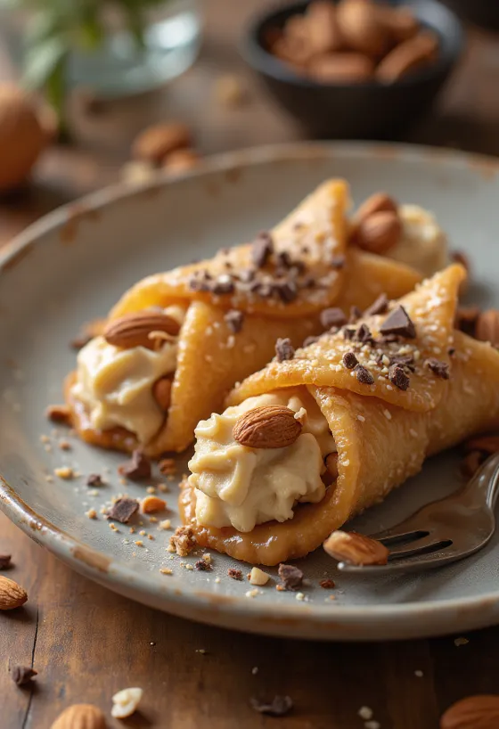 Cannoli con relleno de caramelo, relleno de mascarpone fresco, decorado con almendras y chocolate