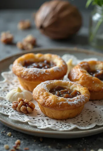 Canastas de nuez horneadas, espolvoreadas con azúcar glass