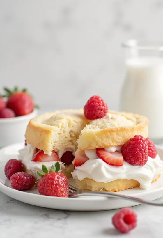 Pastel de crema y frutos rojos servido