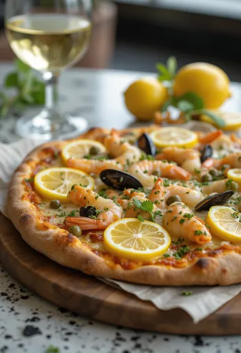 Pizza Frutti di Mare con limón y alcaparras servida