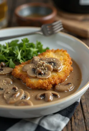 Jägerschnitzel servido con salsa de champiñones y perejil