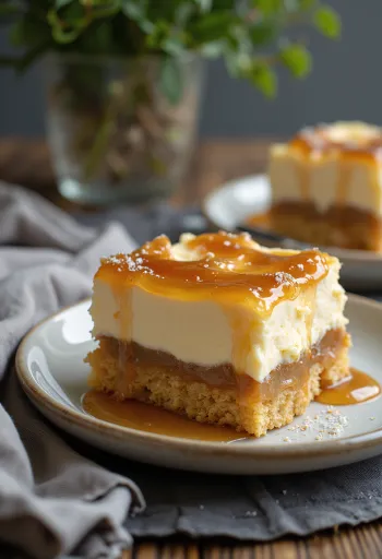 Rebanada de caramelo con masa dorada y capa cremosa de caramelo