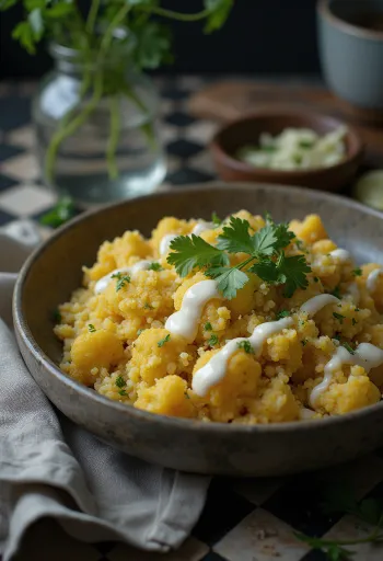 Curry de quinoa y coliflor con tofu y tahini servido