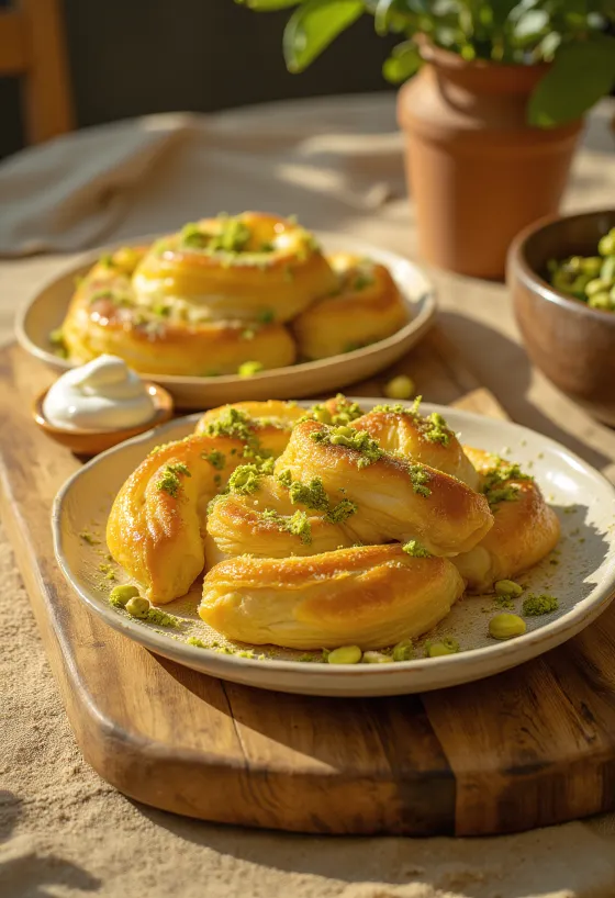 Katmer con pistache, masa mantecosa y relleno de pistache