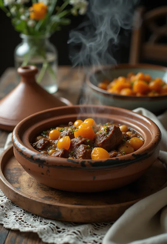 Plato de Tagine marroquí servido en olla de barro, decorado con ricas especias y verduras coloridas.