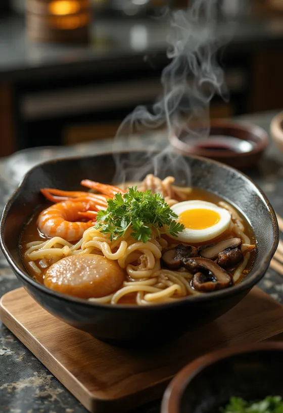 Sopa Nabeyaki udon cocida en tazón con pollo y camarones