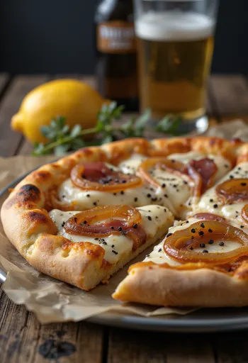 Pizza Alsaciana con crema ácida, cebolla y tocino