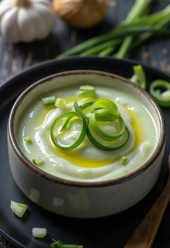 Yogur cremoso con té verde, ajo y cebollín, rociado con aceite de oliva