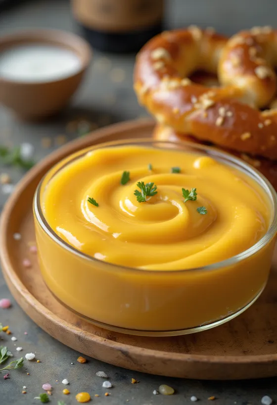 Dip de queso cheddar a la cerveza en un tazón, decorado con perejil fresco, junto a nachos.