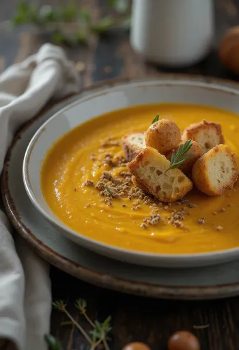 Sopa de calabaza con crutones especiados servida