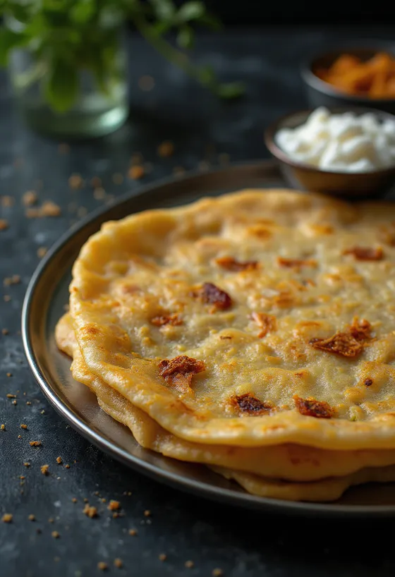 Adai dosa fresca, frita hasta quedar crujiente, servida con acompañamiento especiado