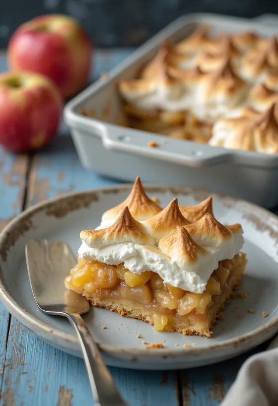 Cuadritos de manzana con merengue servidos