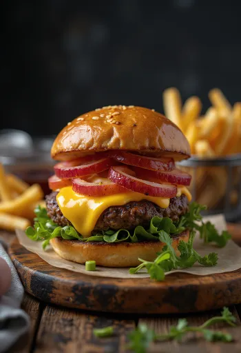 Hamburguesa de bisonte con queso derretido y verduras frescas