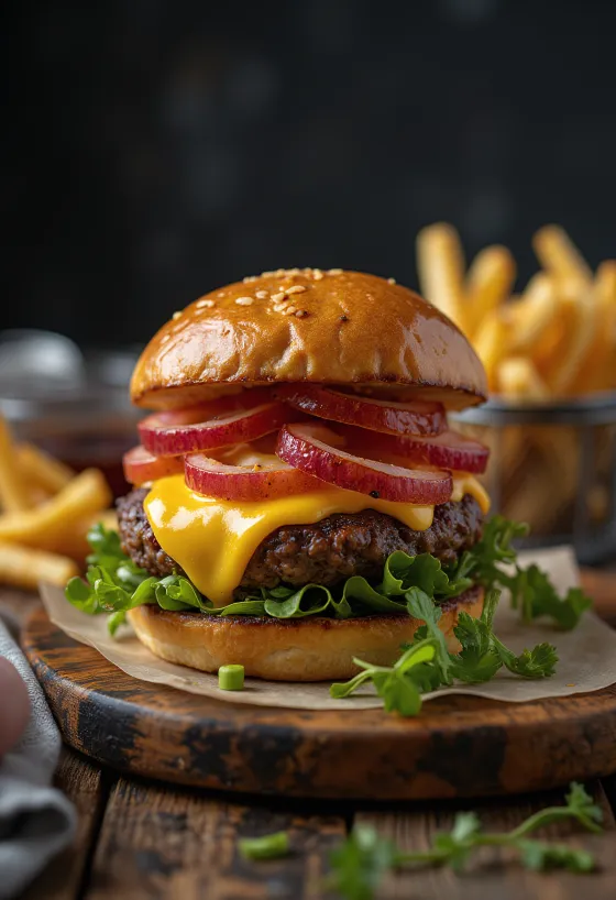 Hamburguesa de bisonte con queso derretido y verduras frescas