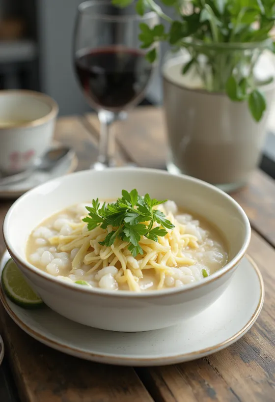 Cháo con jengibre, decorado con jugo de limón fresco y cilantro