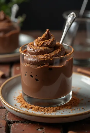 Copa de mousse de chocolate espolvoreada con canela en polvo