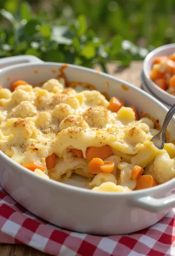 Cazuela de coliflor y vegetales gratinados servida