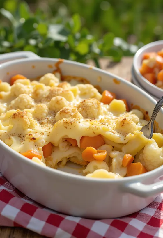 Cazuela de coliflor y vegetales gratinados servida