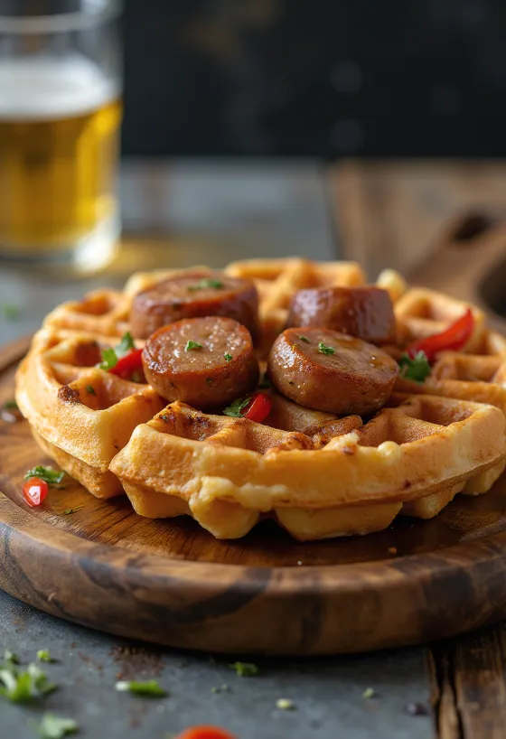 Waffle húngaro con chorizo ahumado y pimiento