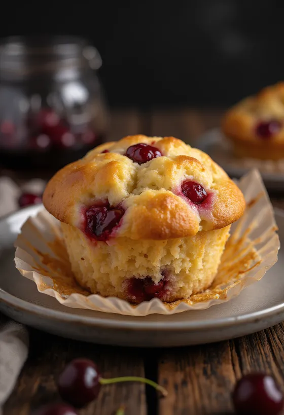 Muffins de cereza fresca horneados hasta dorarse, espolvoreados con azúcar glass