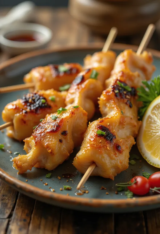 Nankotsu yakitori cartílago de pollo en brocheta, servido con ajonjolí y cebollín fresco