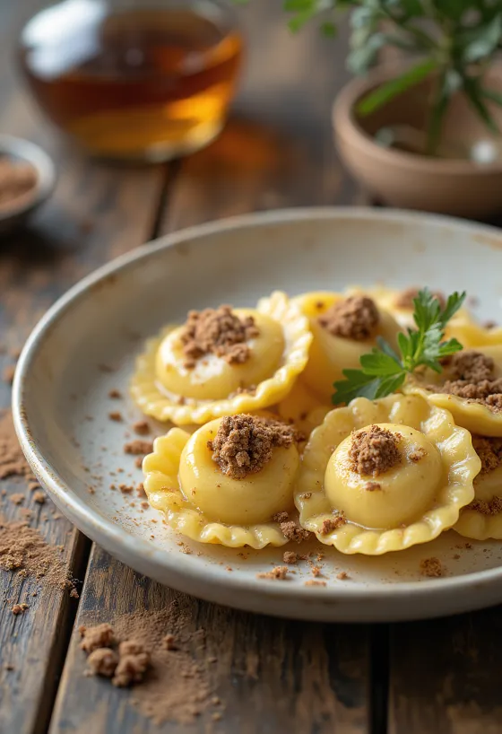 Ravioles al Amaretto servidos