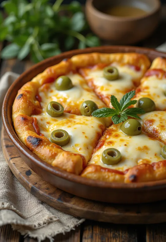 Pizza Argentina con masa gruesa, mozzarella y salsa de tomate