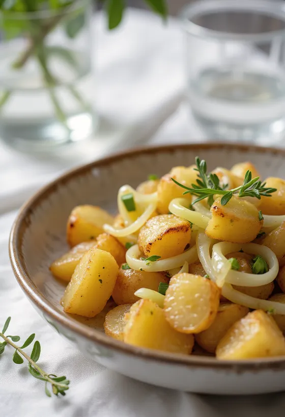 Papas al horno con poro prebióticas en un plato blanco, horneadas doradas con poro crujiente