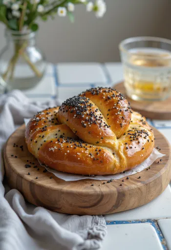 Pretzel casero fresco con semillas de amapola, crujiente y dorado