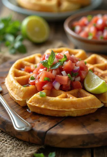 Waffles con Salsa, tomate fresco y cilantro