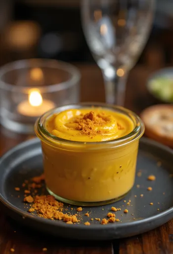Salsa de mostaza y cerveza al chile en un tazón, decorada con chile fresco y semillas de mostaza.