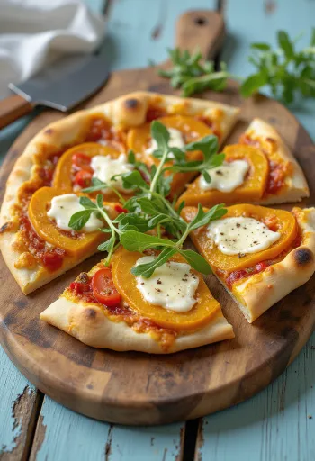 Pizza de calabaza con queso vegano servida
