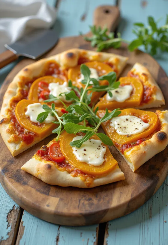 Pizza de calabaza con queso vegano servida