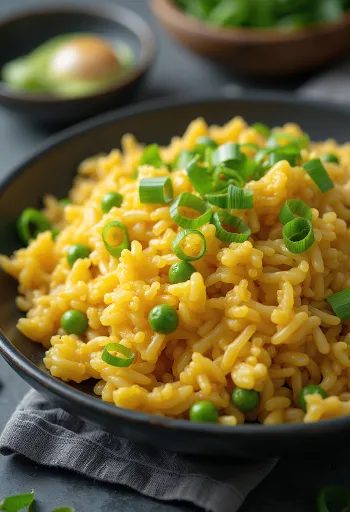 Arroz frito con huevo servido con cebollín fresco