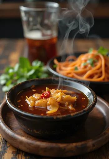 Salsa de pescado caramelizada servida junto a pescado frito