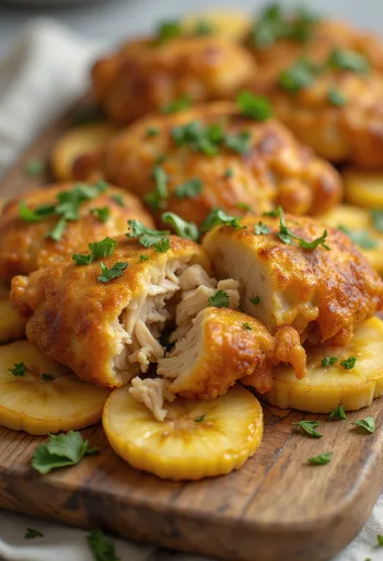 Acarajé con pollo, bolitas de tapioca, servido con plátano frito y cilantro