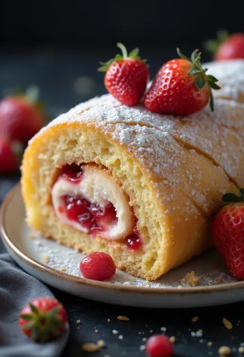 Rollo de fresa cortado en rebanadas, servido con fresas frescas