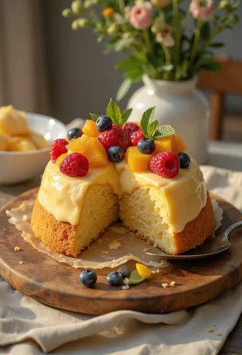 Pastel de frutas fresco con frutas coloridas y capa de brillo