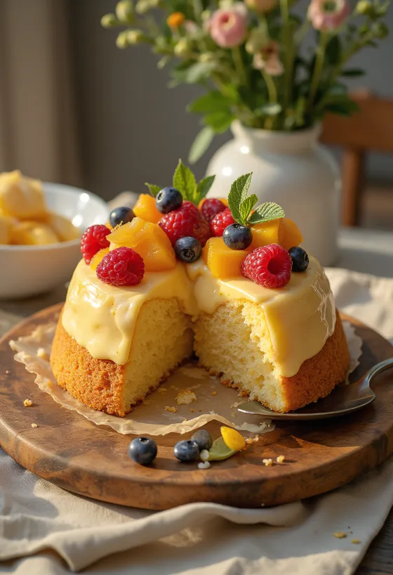 Pastel de frutas fresco con frutas coloridas y capa de brillo
