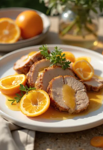 Pechuga de pato a la naranja servida