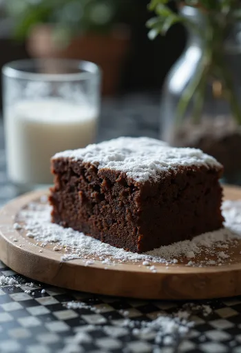 Pastel de cacao rebanado con azúcar glass