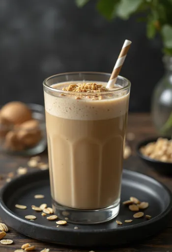 Smoothie de café servido en vaso alto, decorado con rodajas de plátano