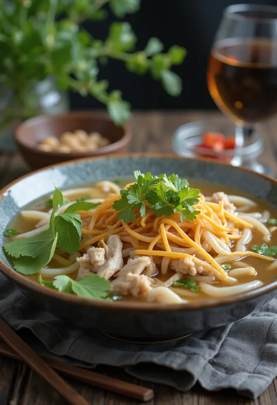 Pho Ga servido con fideos de arroz, hierbas frescas y rodajas de lima