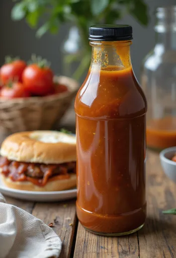 Salsa BBQ de jitomate y cerveza en un tazón, junto a carnes asadas.