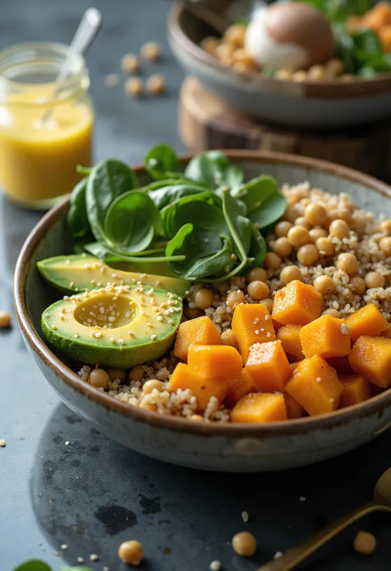 Buddha bowl de quinoa y calabaza con vegetales frescos